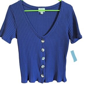 PST Navy Blue Button Front Ribbed Knit Top Blue V Neck  XL Runs Small Nord Rack